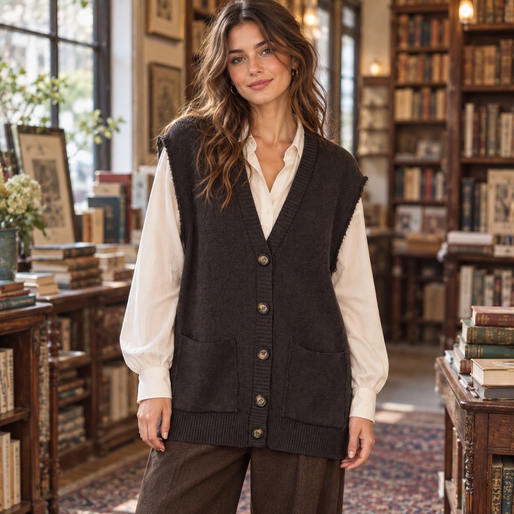 Free People XS Charcoal Longline Sweater Vest Button Front Dark Academia Grandpa